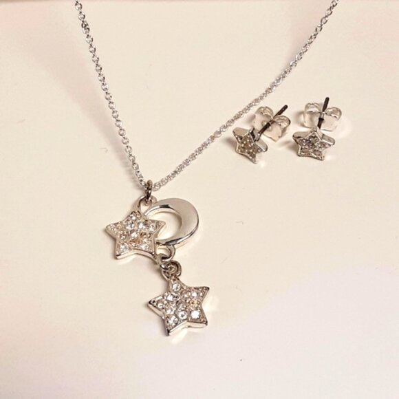 Avon Necklace & Earrings Silver Tone Crescent Moon Rhinestone Stars Adjustable - Picture 2 of 8
